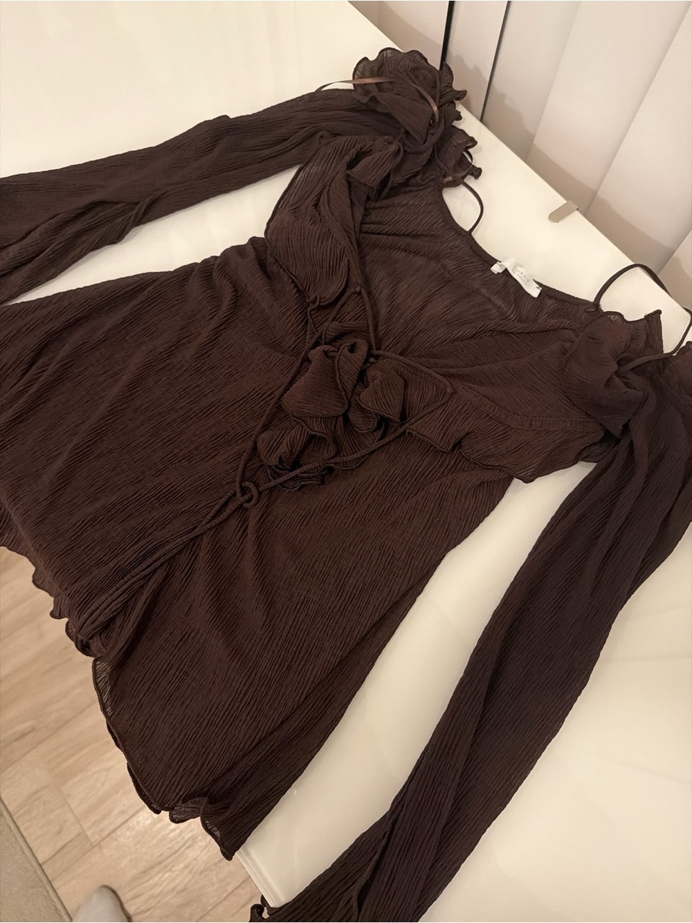 Brown Ruffle-Front Long Sleeve Women's Top - Medium